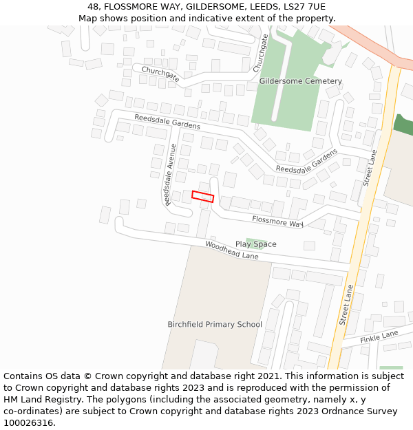 48, FLOSSMORE WAY, GILDERSOME, LEEDS, LS27 7UE: Location map and indicative extent of plot