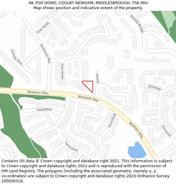 48, FOX HOWE, COULBY NEWHAM, MIDDLESBROUGH, TS8 0RU: Location map and indicative extent of plot