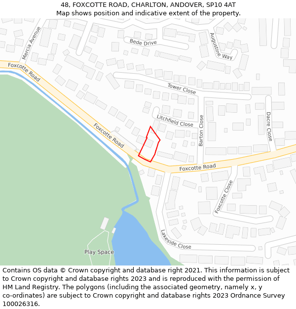 48, FOXCOTTE ROAD, CHARLTON, ANDOVER, SP10 4AT: Location map and indicative extent of plot