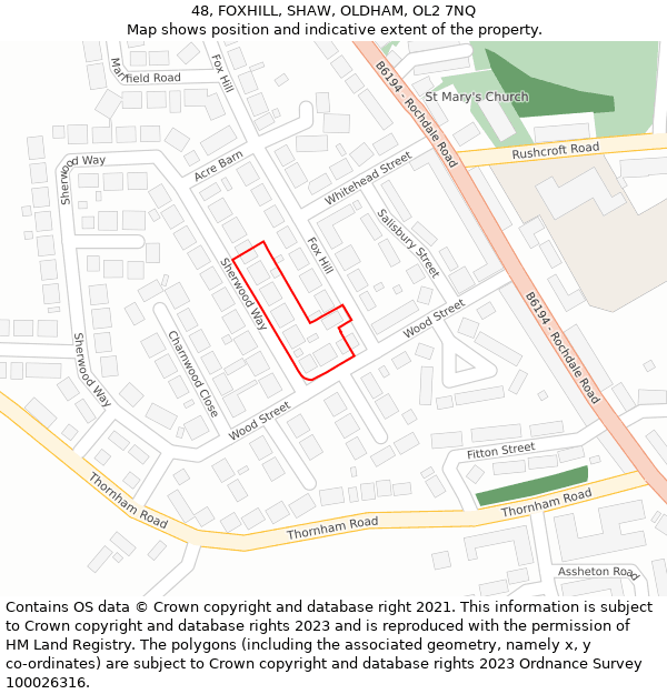 48, FOXHILL, SHAW, OLDHAM, OL2 7NQ: Location map and indicative extent of plot