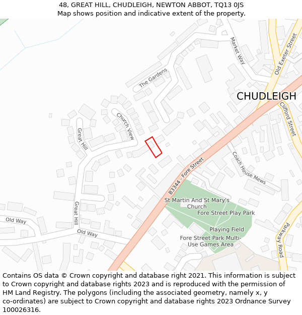 48, GREAT HILL, CHUDLEIGH, NEWTON ABBOT, TQ13 0JS: Location map and indicative extent of plot