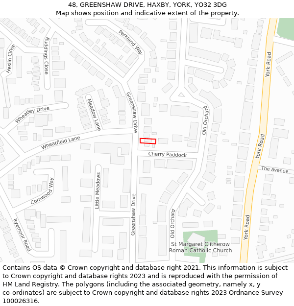 48, GREENSHAW DRIVE, HAXBY, YORK, YO32 3DG: Location map and indicative extent of plot