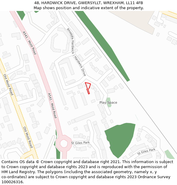 48, HARDWICK DRIVE, GWERSYLLT, WREXHAM, LL11 4FB: Location map and indicative extent of plot