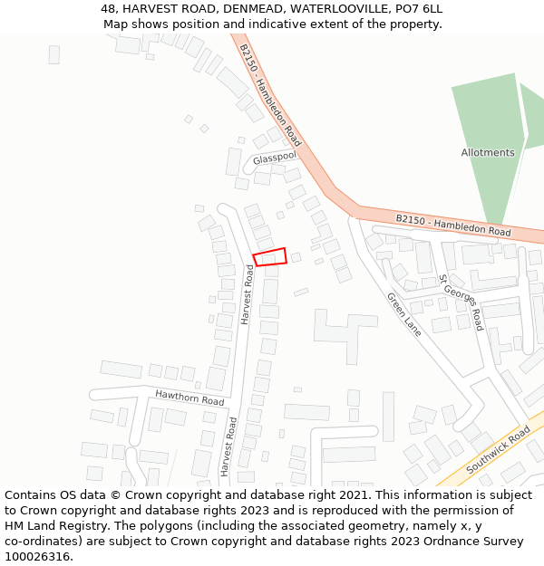 48, HARVEST ROAD, DENMEAD, WATERLOOVILLE, PO7 6LL: Location map and indicative extent of plot