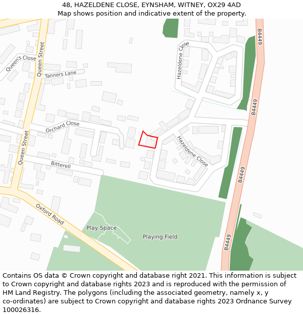 48, HAZELDENE CLOSE, EYNSHAM, WITNEY, OX29 4AD: Location map and indicative extent of plot