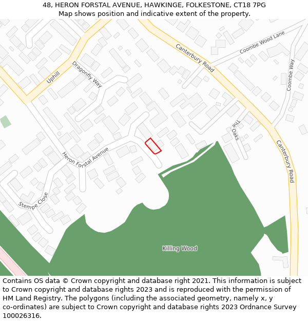 48, HERON FORSTAL AVENUE, HAWKINGE, FOLKESTONE, CT18 7PG: Location map and indicative extent of plot