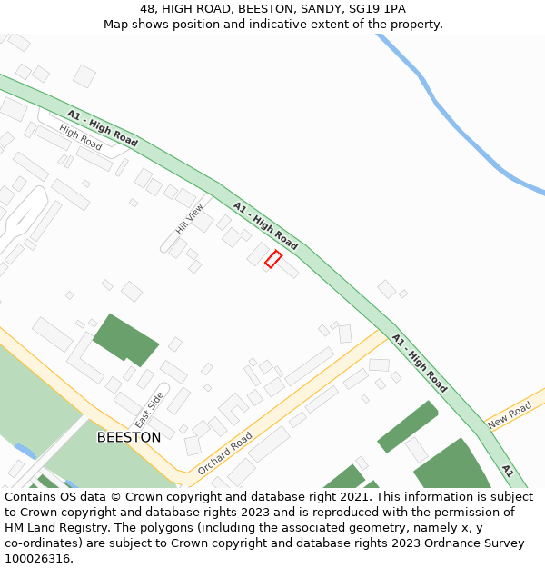 48, HIGH ROAD, BEESTON, SANDY, SG19 1PA: Location map and indicative extent of plot