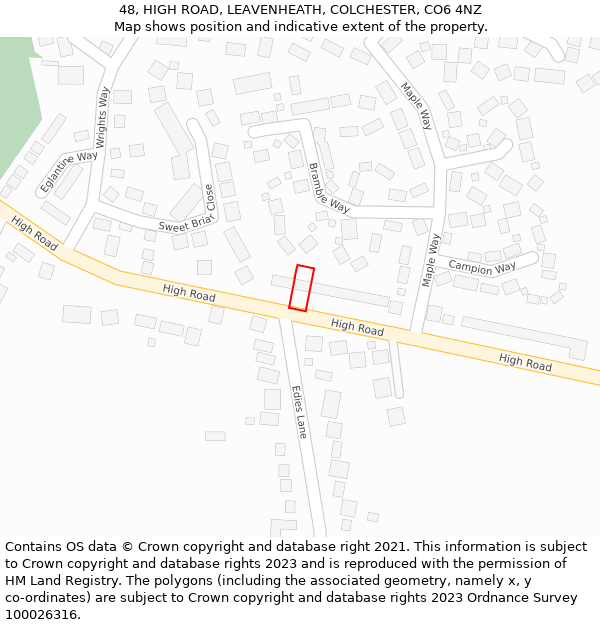 48, HIGH ROAD, LEAVENHEATH, COLCHESTER, CO6 4NZ: Location map and indicative extent of plot