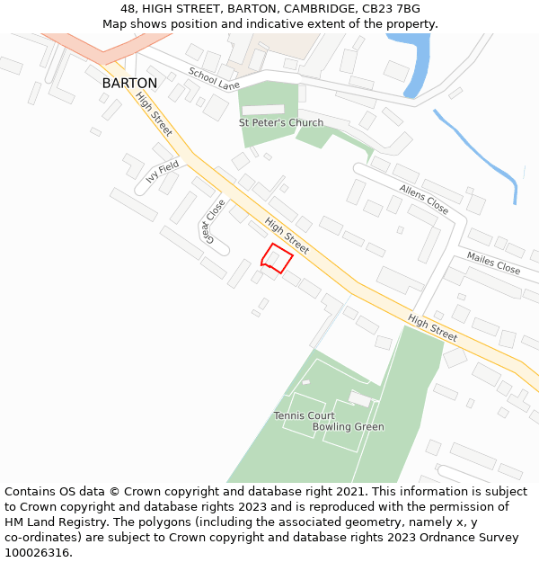 48, HIGH STREET, BARTON, CAMBRIDGE, CB23 7BG: Location map and indicative extent of plot