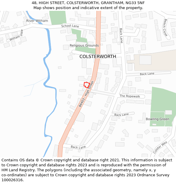 48, HIGH STREET, COLSTERWORTH, GRANTHAM, NG33 5NF: Location map and indicative extent of plot