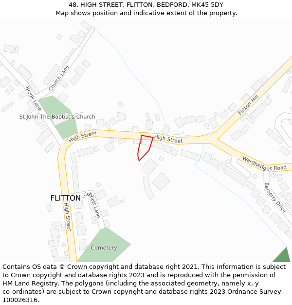 48, HIGH STREET, FLITTON, BEDFORD, MK45 5DY: Location map and indicative extent of plot