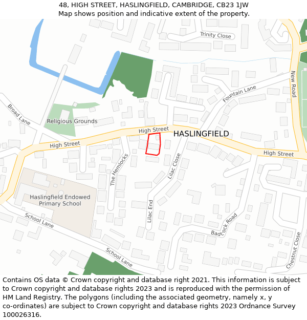 48, HIGH STREET, HASLINGFIELD, CAMBRIDGE, CB23 1JW: Location map and indicative extent of plot