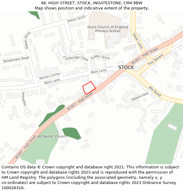 48, HIGH STREET, STOCK, INGATESTONE, CM4 9BW: Location map and indicative extent of plot