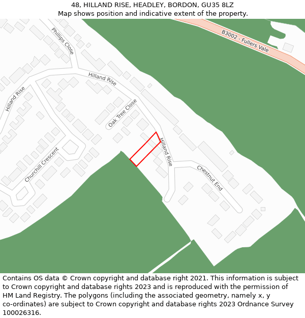 48, HILLAND RISE, HEADLEY, BORDON, GU35 8LZ: Location map and indicative extent of plot