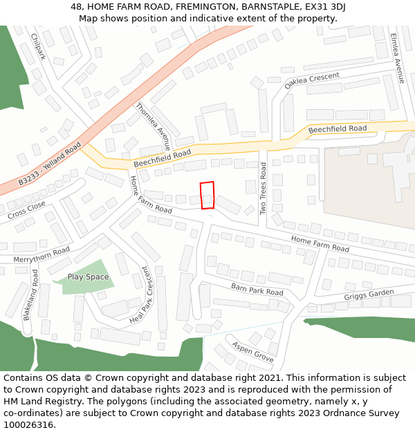 48, HOME FARM ROAD, FREMINGTON, BARNSTAPLE, EX31 3DJ: Location map and indicative extent of plot