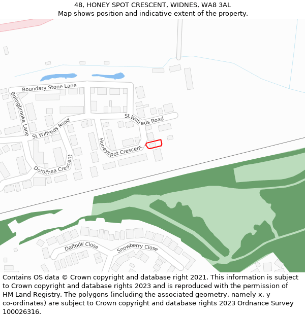 48, HONEY SPOT CRESCENT, WIDNES, WA8 3AL: Location map and indicative extent of plot