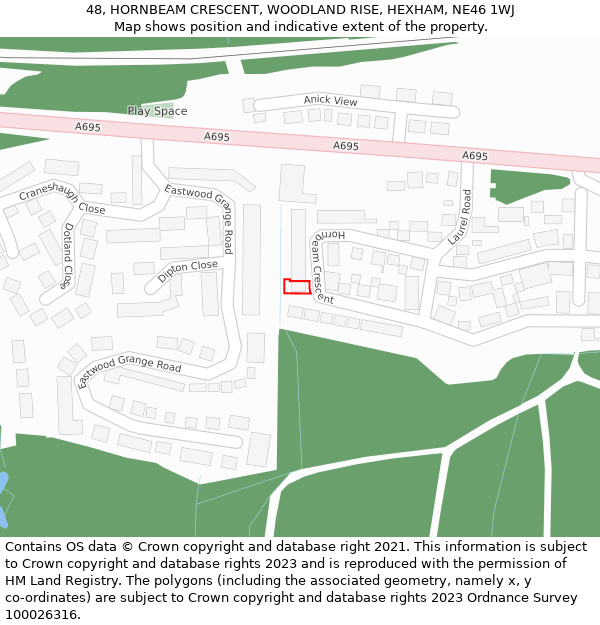 48, HORNBEAM CRESCENT, WOODLAND RISE, HEXHAM, NE46 1WJ: Location map and indicative extent of plot
