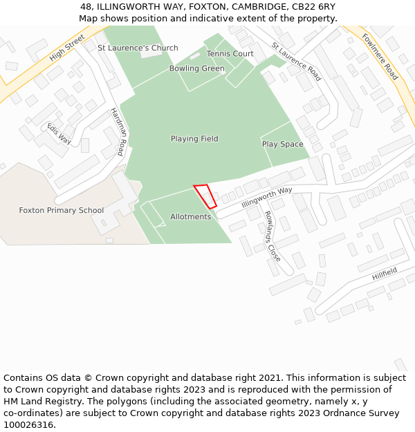 48, ILLINGWORTH WAY, FOXTON, CAMBRIDGE, CB22 6RY: Location map and indicative extent of plot