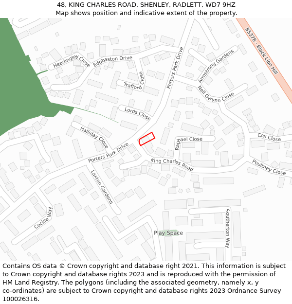 48, KING CHARLES ROAD, SHENLEY, RADLETT, WD7 9HZ: Location map and indicative extent of plot