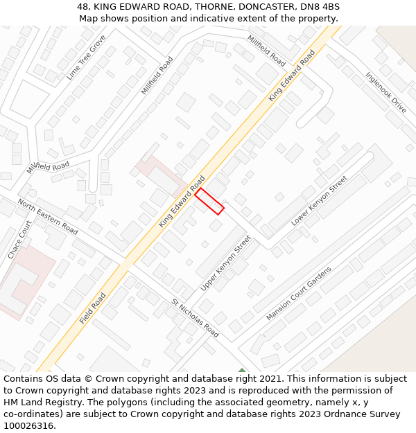 48, KING EDWARD ROAD, THORNE, DONCASTER, DN8 4BS: Location map and indicative extent of plot