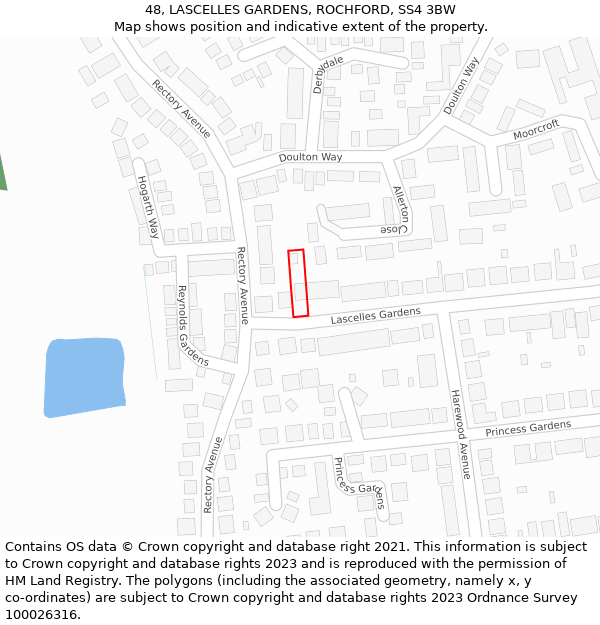 48, LASCELLES GARDENS, ROCHFORD, SS4 3BW: Location map and indicative extent of plot