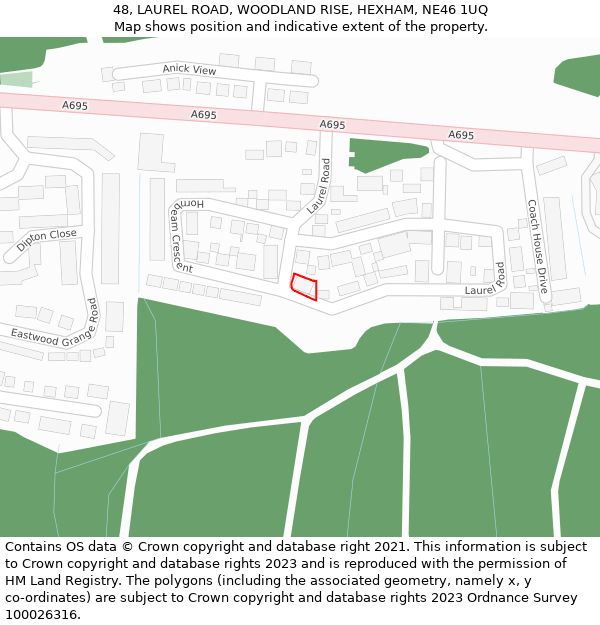 48, LAUREL ROAD, WOODLAND RISE, HEXHAM, NE46 1UQ: Location map and indicative extent of plot