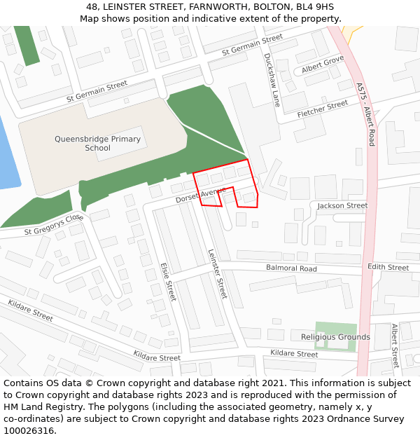 48, LEINSTER STREET, FARNWORTH, BOLTON, BL4 9HS: Location map and indicative extent of plot