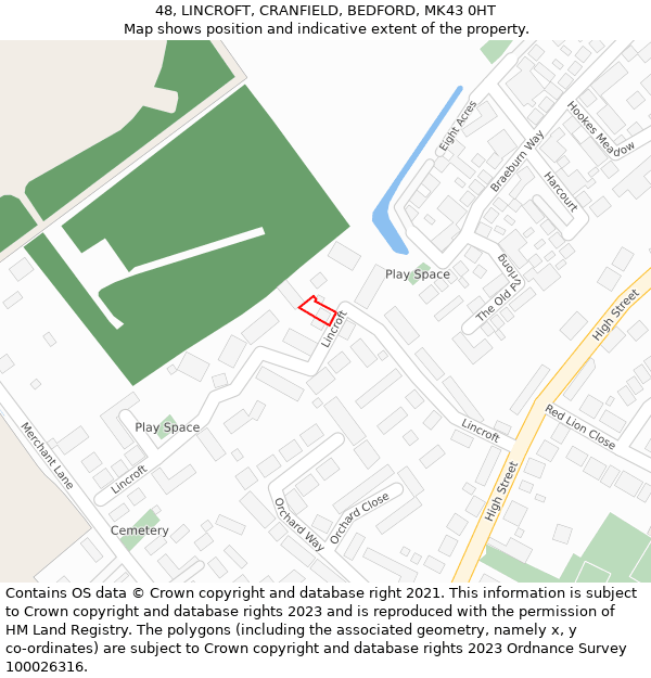 48, LINCROFT, CRANFIELD, BEDFORD, MK43 0HT: Location map and indicative extent of plot