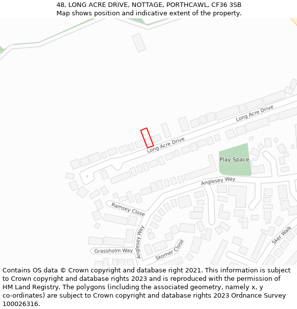 48, LONG ACRE DRIVE, NOTTAGE, PORTHCAWL, CF36 3SB: Location map and indicative extent of plot
