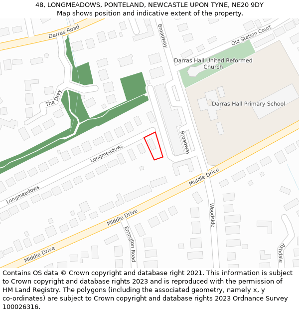 48, LONGMEADOWS, PONTELAND, NEWCASTLE UPON TYNE, NE20 9DY: Location map and indicative extent of plot