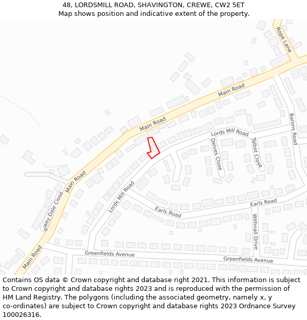 48, LORDSMILL ROAD, SHAVINGTON, CREWE, CW2 5ET: Location map and indicative extent of plot