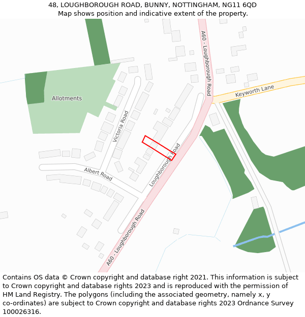 48, LOUGHBOROUGH ROAD, BUNNY, NOTTINGHAM, NG11 6QD: Location map and indicative extent of plot