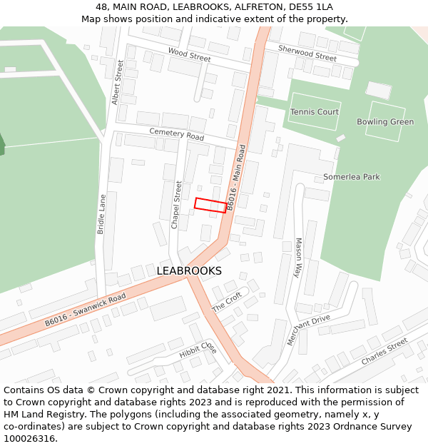 48, MAIN ROAD, LEABROOKS, ALFRETON, DE55 1LA: Location map and indicative extent of plot