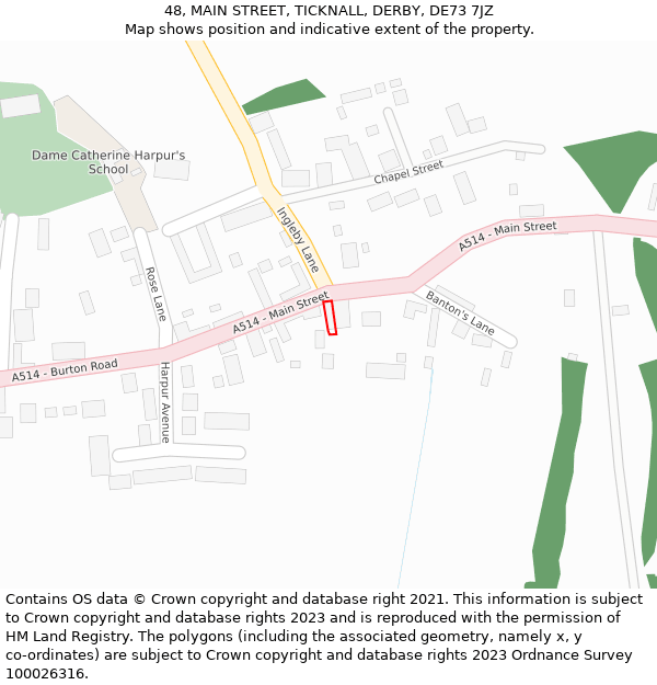 48, MAIN STREET, TICKNALL, DERBY, DE73 7JZ: Location map and indicative extent of plot