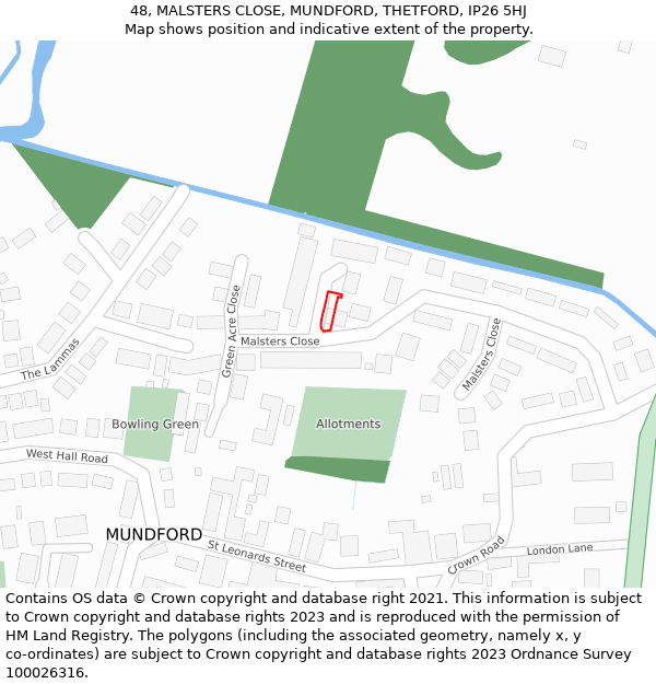 48, MALSTERS CLOSE, MUNDFORD, THETFORD, IP26 5HJ: Location map and indicative extent of plot