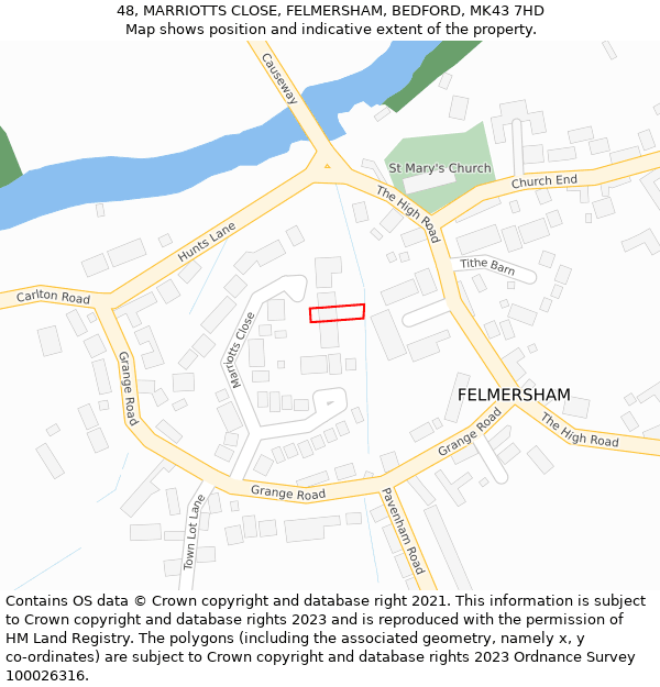 48, MARRIOTTS CLOSE, FELMERSHAM, BEDFORD, MK43 7HD: Location map and indicative extent of plot