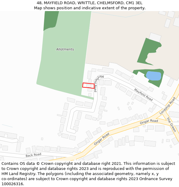 48, MAYFIELD ROAD, WRITTLE, CHELMSFORD, CM1 3EL: Location map and indicative extent of plot