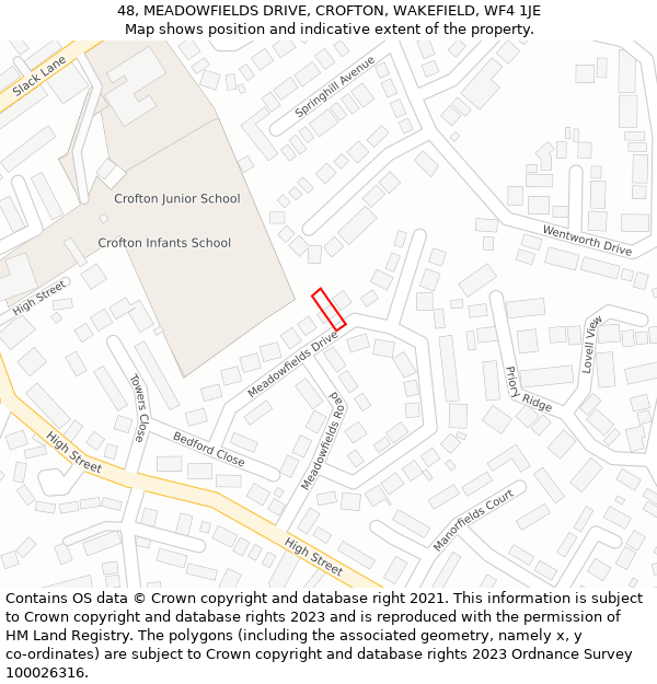 48, MEADOWFIELDS DRIVE, CROFTON, WAKEFIELD, WF4 1JE: Location map and indicative extent of plot