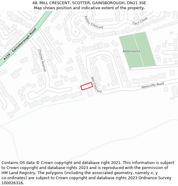 48, MILL CRESCENT, SCOTTER, GAINSBOROUGH, DN21 3SE: Location map and indicative extent of plot