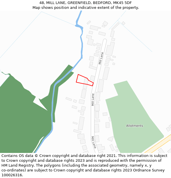 48, MILL LANE, GREENFIELD, BEDFORD, MK45 5DF: Location map and indicative extent of plot