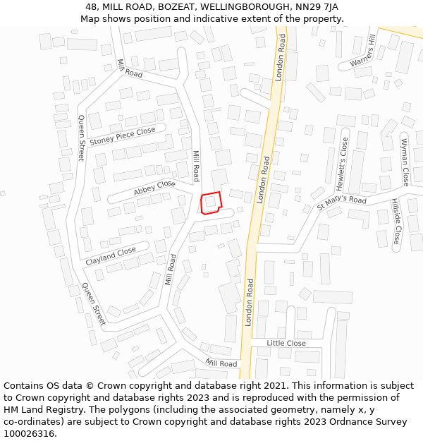 48, MILL ROAD, BOZEAT, WELLINGBOROUGH, NN29 7JA: Location map and indicative extent of plot