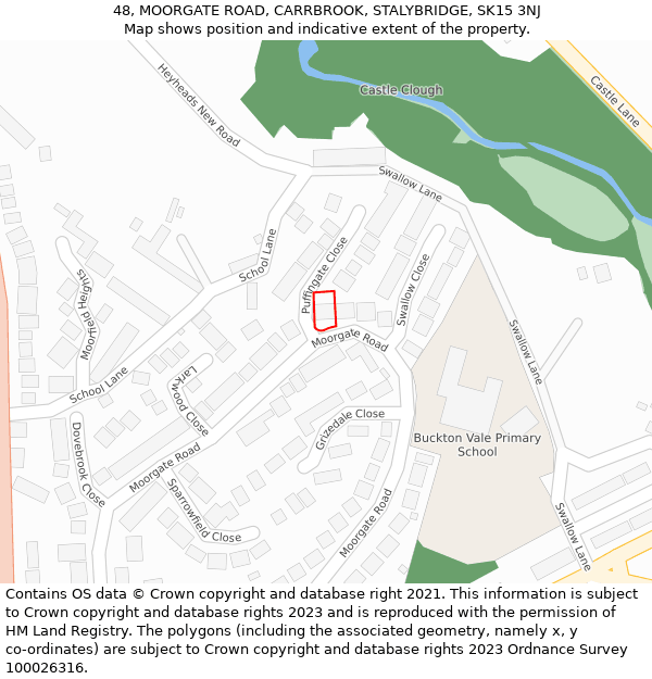48, MOORGATE ROAD, CARRBROOK, STALYBRIDGE, SK15 3NJ: Location map and indicative extent of plot