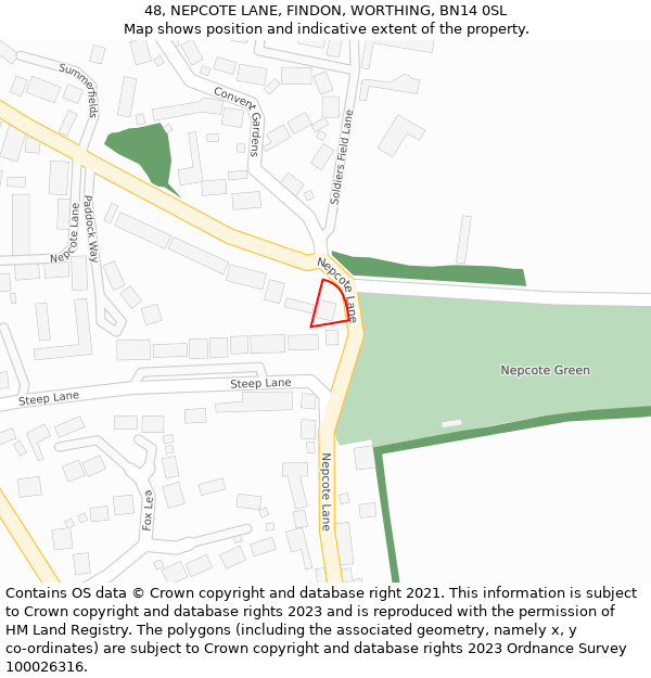 48, NEPCOTE LANE, FINDON, WORTHING, BN14 0SL: Location map and indicative extent of plot