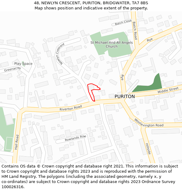 48, NEWLYN CRESCENT, PURITON, BRIDGWATER, TA7 8BS: Location map and indicative extent of plot