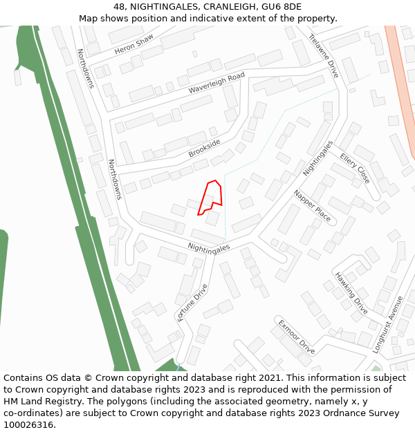 48, NIGHTINGALES, CRANLEIGH, GU6 8DE: Location map and indicative extent of plot