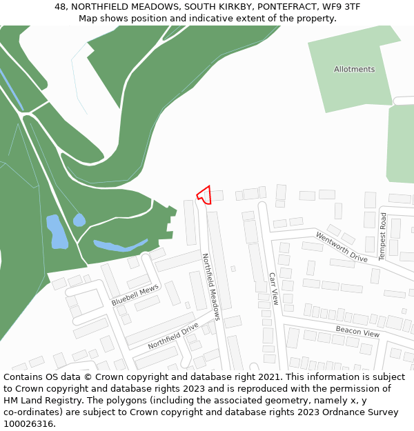 48, NORTHFIELD MEADOWS, SOUTH KIRKBY, PONTEFRACT, WF9 3TF: Location map and indicative extent of plot