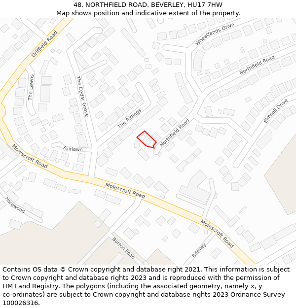 48, NORTHFIELD ROAD, BEVERLEY, HU17 7HW: Location map and indicative extent of plot