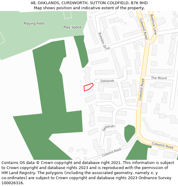 48, OAKLANDS, CURDWORTH, SUTTON COLDFIELD, B76 9HD: Location map and indicative extent of plot