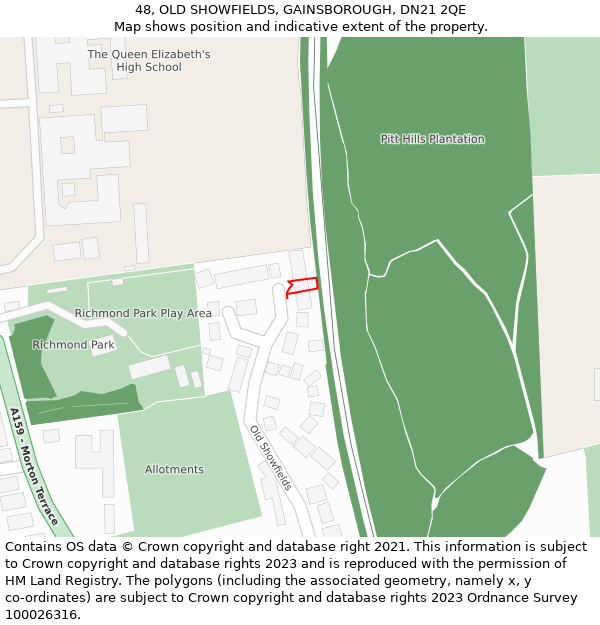 48, OLD SHOWFIELDS, GAINSBOROUGH, DN21 2QE: Location map and indicative extent of plot