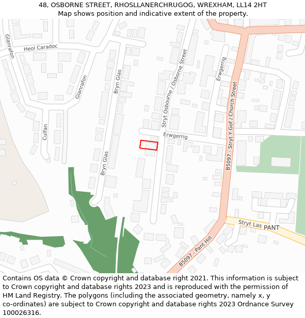 48, OSBORNE STREET, RHOSLLANERCHRUGOG, WREXHAM, LL14 2HT: Location map and indicative extent of plot